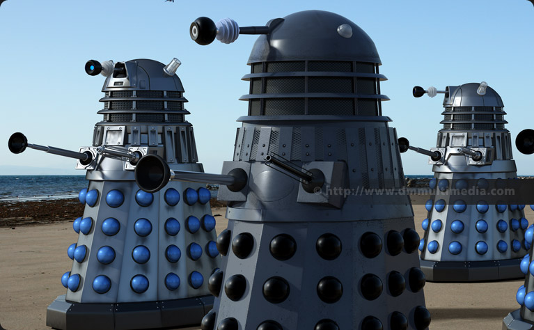 Genesis Dalek on the beach with NSD Daleks