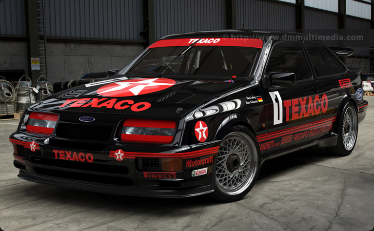 The Ford Sierra Cosworth RS500 in iconic Eggenberger Works colours with Texaco logos - front 3/4s view