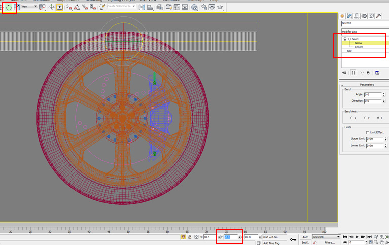 Select the bend gizmo, and the rotate tool and enter 90 into the Y co=ordinates box