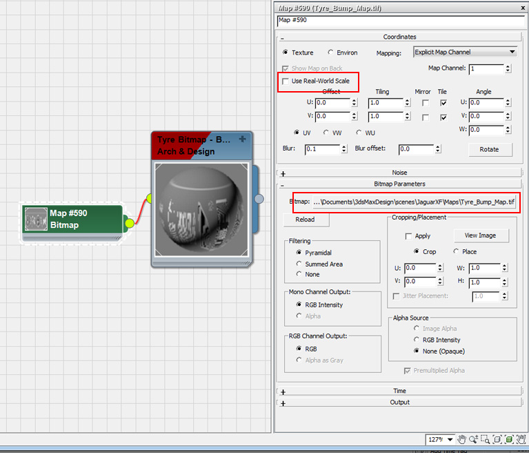 Add a bitmap to the diffuse slot, choose the bitmap we created in Photoshop and untick Use Real-World Scale.