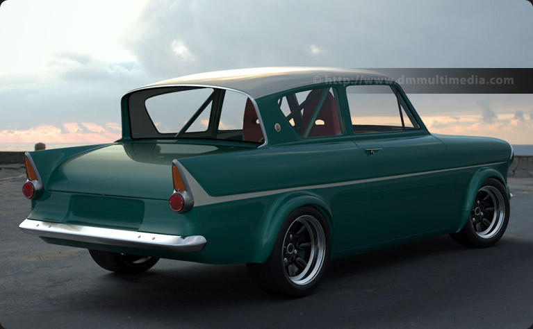 Light Blue Ford Anglia 105E on the coast