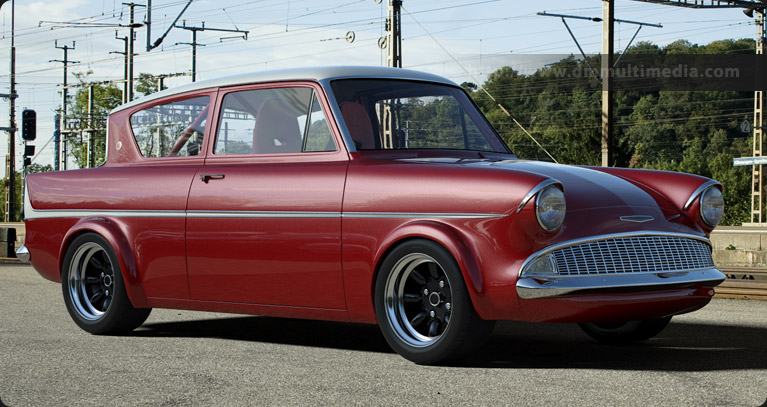 Red Ford Anglia 105E at the station