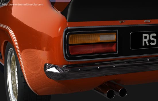 Close-up of the tail lights, double exhausts and spoiler