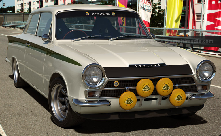 Lotus Cortina in the sun, front view white with green Lotus stripe