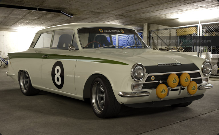 Lotus Cortina in White with Lotus Green stripes out tio play in the snow