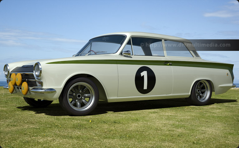 Lotus Cortina side view white with green Lotus stripe