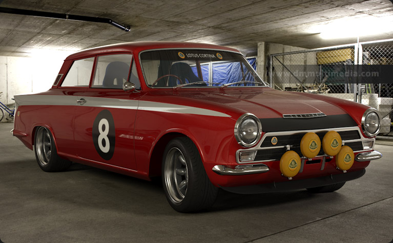 Cherry Red Lotus Cortina on Minilites in the Garage