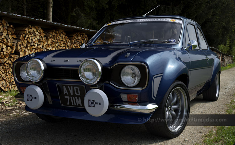 Escort MK1 RS2000 in Performance Blue on a Swiss woodland track