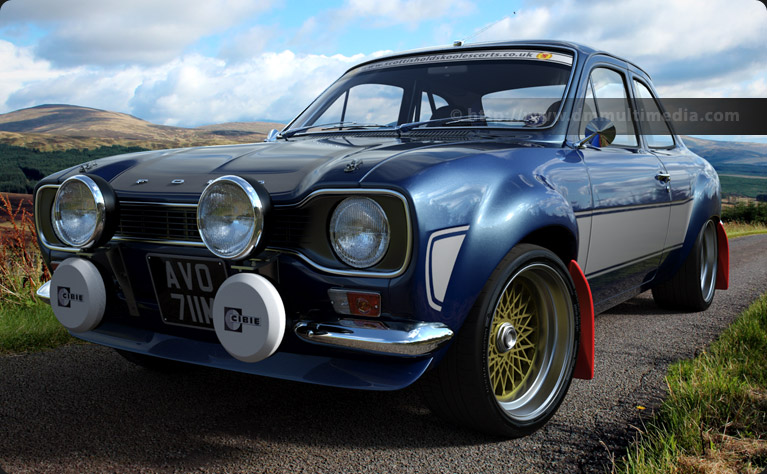 Escort MK1 RS2000 in Performance Blue and grey stripes, in the Carrick Forest, Scotland