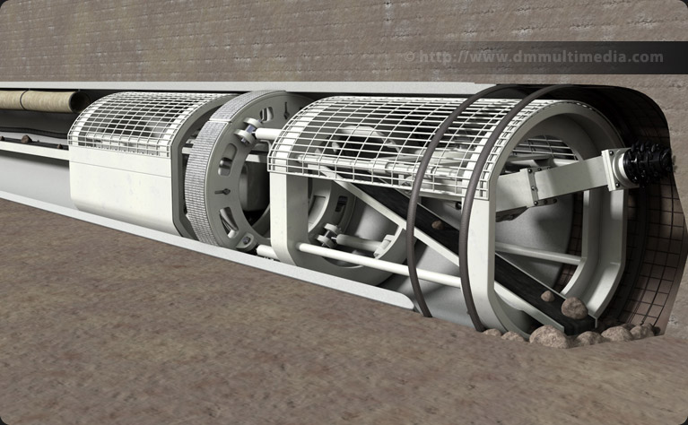 Scientific illustration - Tunnel Boring Machine (TBM) in action, lower view