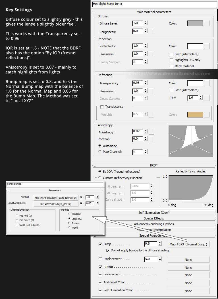 Texture settings for the bumped lense glass using the Mental Ray ARch & Design Material