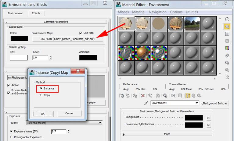 Set the Environment Map back to the Environment/Background Switcher material