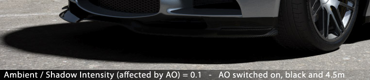 Matte/Shadow/Reflection Material - Ambient / Shadow Intensity (affected by AO) = 0.1