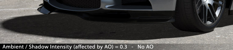 Matte/Shadow/Reflection Material - Ambient / Shadow Intensity (affected by AO) = 0.3 - No AO (switched off)