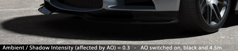 Matte/Shadow/Reflection Material - Ambient / Shadow Intensity (affected by AO) = 0.3