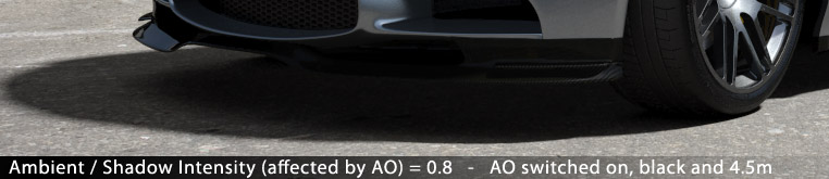 Matte/Shadow/Reflection Material - Ambient / Shadow Intensity (affected by AO) = 0.8