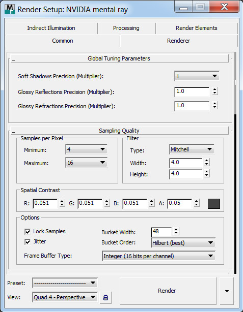 Mental Ray Render samples per pixel setup for the final car render