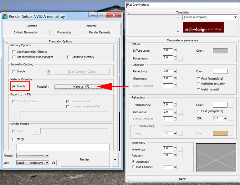 Setting up a simple flat grey material override for testing light intensities