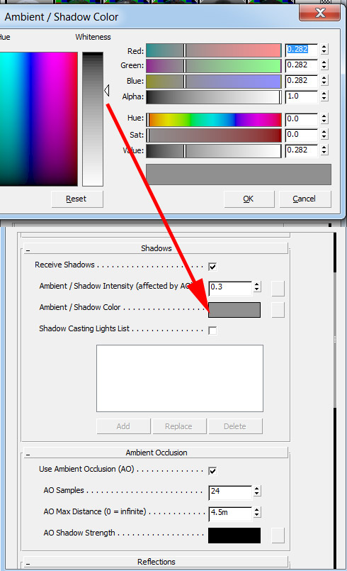 The Matte/Shadow/Reflection Material values I used - mainly adjusting the Ambient / Shadow Intensity (affected by AO)