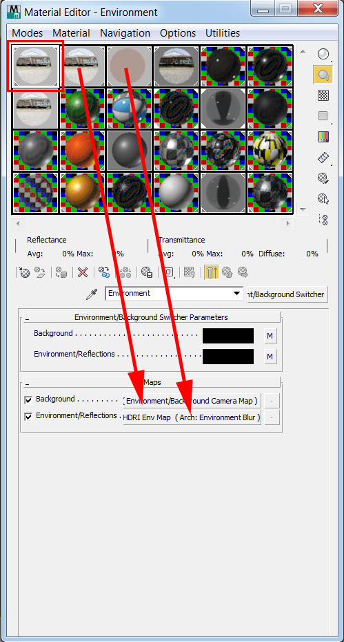 The Mental Ray Environment/Background Switcher shader showing the slots filled with Camera Map and ARch:Environment Blur shaders