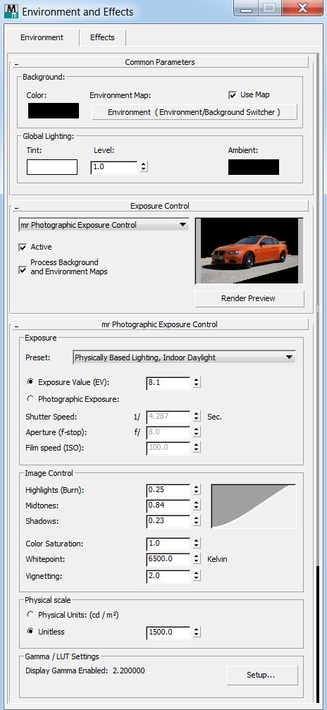 3ds Max Production Shaders Car scene - exposure settings