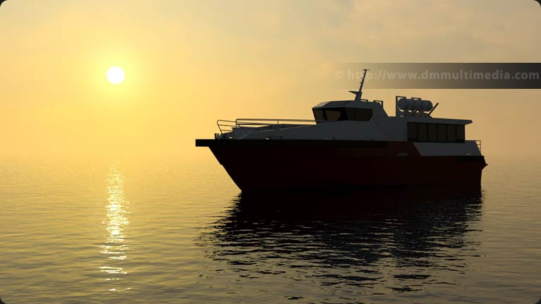 Wavemaster Design Fast Ferry in a setting sun